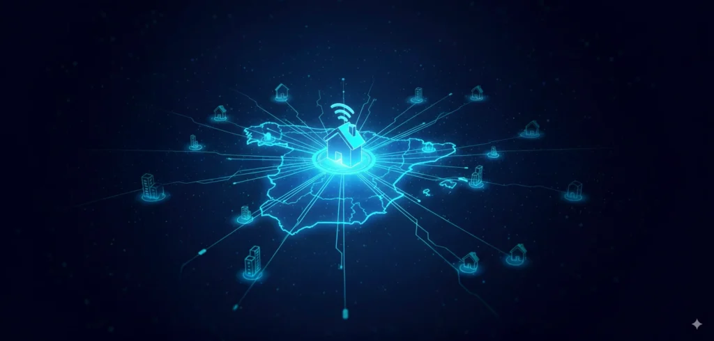 Un mapa digital de España con un icono de casa emitiendo Wi-Fi en el centro, conectado a otras casas y edificios.