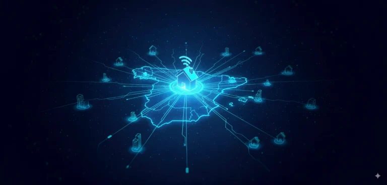 Un mapa digital de España con un icono de casa emitiendo Wi-Fi en el centro, conectado a otras casas y edificios.