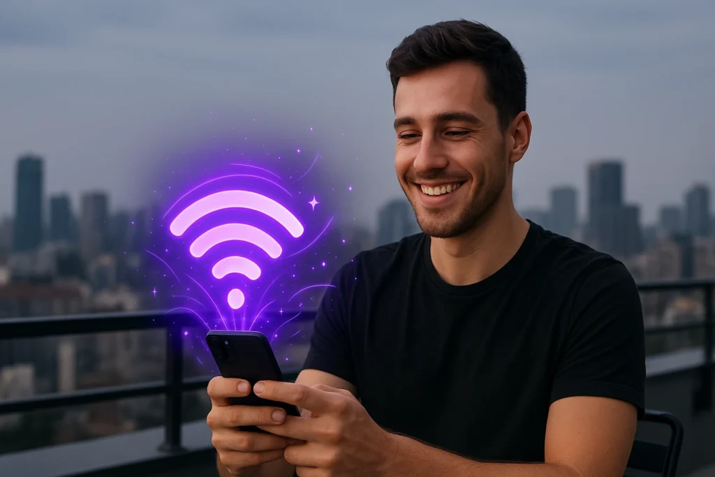 Hombre joven sonriendo mientras usa su smartphone con un icono de Wi-Fi de neón morado saliendo de la pantalla, en una terraza con una ciudad de fondo.