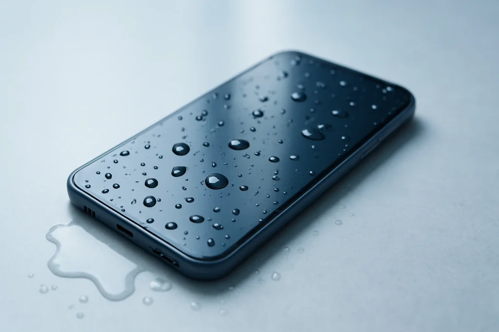 Un smartphone de color oscuro cubierto de gotas de agua, yaciendo sobre una superficie clara con un pequeño charco.