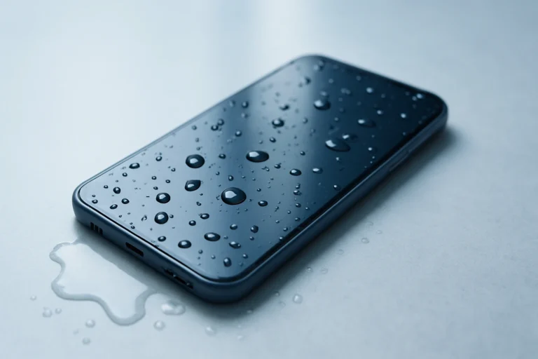 Un smartphone de color oscuro cubierto de gotas de agua, yaciendo sobre una superficie clara con un pequeño charco.
