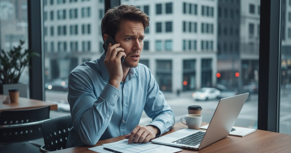 Un hombre habla por teléfono en su oficina. Está preocupado porque esta llamada parece una estafa y cree que le pueden robar los datos personales.