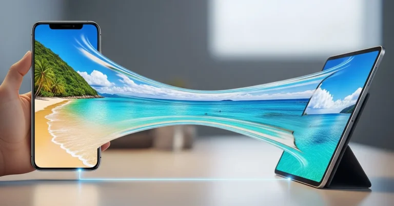 Una imagen de la playa es transferida de un móvil a una tablet.