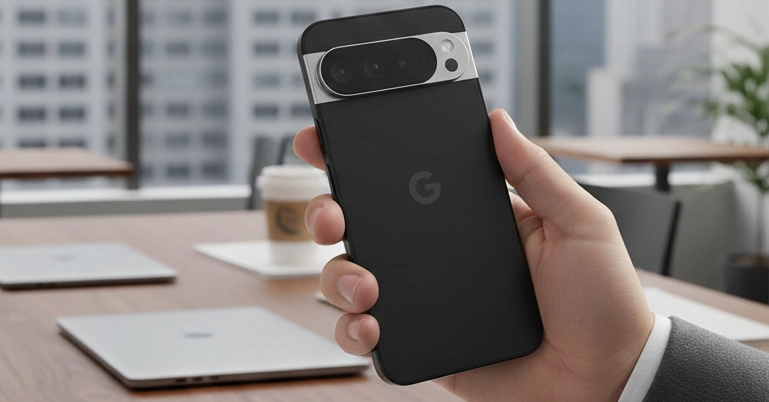 Una mano de un hombre que sujeta un Google Pixel 10 Pro. En el fondo se ve que está en una oficina moderna.