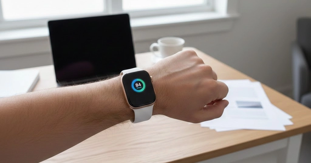 Apple Watch 11 en la muñeca de un hombre. La pantalla muestra la funcionalidad de control de presión arterial.